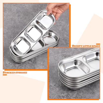 12 Packs Stainless Steel Divided Dip Bowls Soy Sauce Dishes, Divided Serving Tray Chip and Dip Serving Set, 3 Compartment Sauce Plate Seasoning Dipping Condiment Tray for BBQ Vinegar Spice Sugar