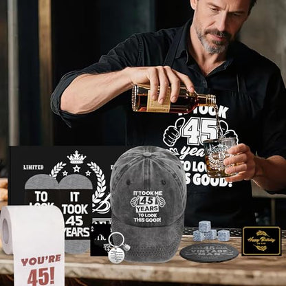 45th Birthday Gifts for Men Whiskey Glass Set, 45th Birthday Party Supplies with 11 Oz Whiskey Glass Coaster Stone Baseball Cap Apron Sock Toilet Paper Keychain for Him, Dad, Husband, Friends - style: 45th Birthday
