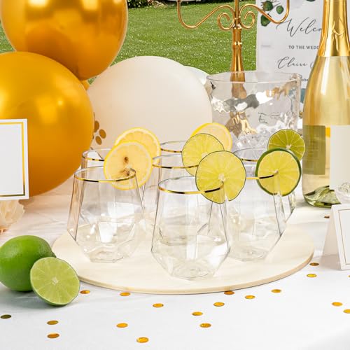 Goodluck 40PCS 12oz Diamond Stemless Plastic Wine Whiskey Glasses,Gold Rim | Disposable Cocktail Glasses, Suitable for Weddings, Birthday Parties, Family Gatherings, Bars, etc - color: Clear and Gold