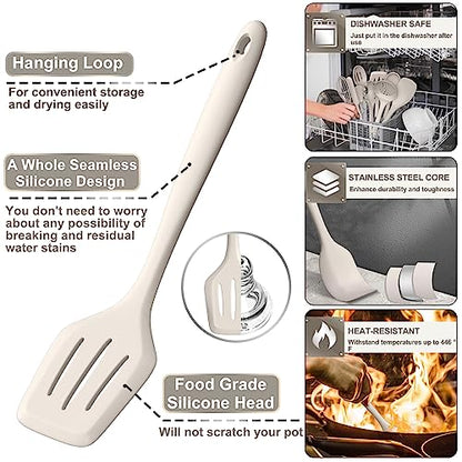 Silicone Kitchen cooking Utensils Set, AIKKIL 43 Pcs Heat Resistant Khaki Cooking Utensils Set, Turner, Tongs, Spoon, Spatula, Kitchen Gadgets Tools Set For Nonstick Cookware(Dishwasher, BPA Free) - color: Khaki