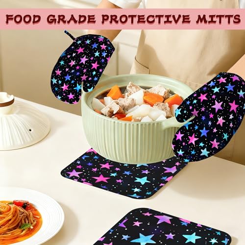 Blue Pink Stars Heat-Resistant Silicone Oven Mitts and Pot Holder 4 Piece Set,Non-Slip Kitchen Oven Gloves for Baking, BBQ, Cooking,Grilling - color: Blue Pink Stars