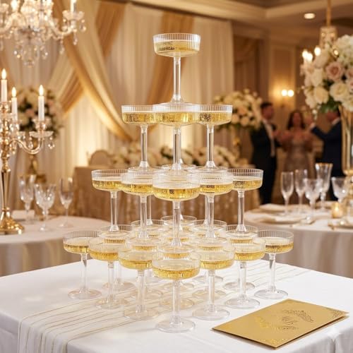 24 Pack 6oz Plastic Martini Glasses, Ribbed Coupe Glasses Set, Disposable Vintage Cocktail Cups for Champagne Tower, Wedding, Birthday, Party & Event Glassware