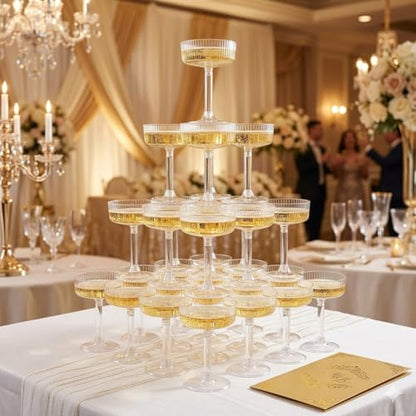24 Pack 6oz Plastic Martini Glasses, Ribbed Coupe Glasses Set, Disposable Vintage Cocktail Cups for Champagne Tower, Wedding, Birthday, Party & Event Glassware