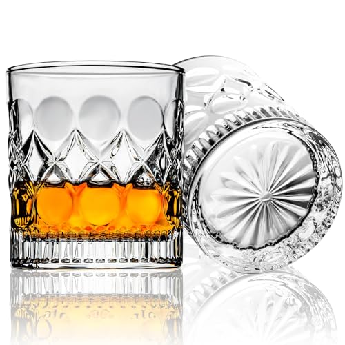 PARACITY Whiskey Glasses Set of 2, Old Fashioned Rocks Cocktail Glasses | Carved pattern and circular indents offer easy grip for ice balls, bourbon, Scotch, cocktails, bars, parties, or home use.