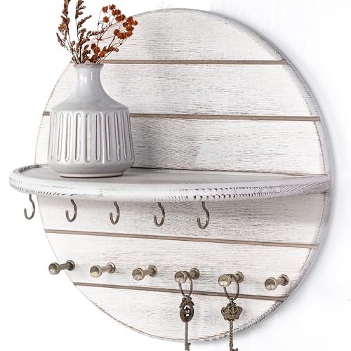 RebeeVision Pine Wood Round Key Holder Wall Mount for Wall Decor, Whitewash | Round Corner, Key Holder with Floating Shelf, Rich Wood Grain, 2 Hook Types, Key Organizer for Entryway Storage - color: Old White