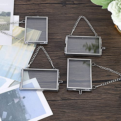 JUXYES Picture Frame, Set of 4 Mini Floater Frame, 3x2 inch, Brass, Glass, Silver, Wall Mount, Modern/Contemporary, Unisex Adult | 4 Pack Wallet Size Tiny Frame Ornament for Xmas Tree Party Wall Decor, Small Silver Brass Floating Display Frame with Chain