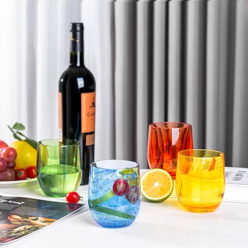 14-ounce Plastic Stemless Wine Glasses, All Purpose Arcylic Glasses, set of 6 Multicolor Reusable Shatter-resistant Dishwasher Safe - color: Multicolor