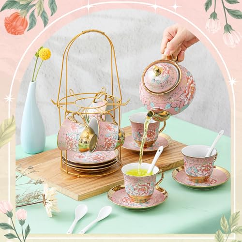 Zhehao 20 Pcs Porcelain Tea Set with Metal Holder and Spoon Adult Ceramic Tea Set European Flower Painting Teapot Cup Saucer Spoon for Women Mom Gift, Large Version (Pink Style) - color: Pink Style