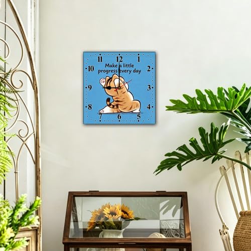 Cute Cat Wall Clock Modern Minimalist Square Wooden Wall Clock Non-Ticking for Kids Room Living Room Bedroom Office Yoga Studio 10 Inch - color: C3
