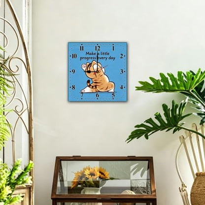 Cute Cat Wall Clock Modern Minimalist Square Wooden Wall Clock Non-Ticking for Kids Room Living Room Bedroom Office Yoga Studio 10 Inch - color: C3