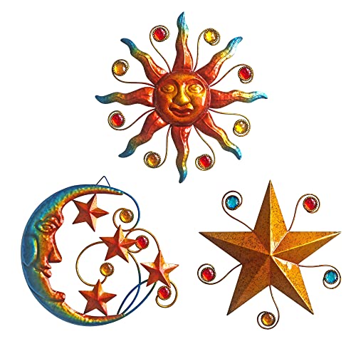 Limygus Set of 3 Celestial Sun Moon Star Metal Silhouette Wall Art, Waterproof Hanging Decor for Home Bedroom Bathroom Office - color: sun moon star