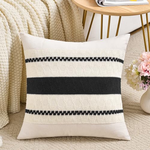 Fancy Homi Set of 1 Boho Black Decorative Throw Pillow Cover 16x16 Inch for Couch Bed Sofa, Aesthetic Modern Organic Farmhouse Home Decor, Soft Cotton Cute Accent Macrame Woven Cushion Case - color: Black, size: 16" x 16" (Pack of 1)