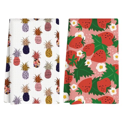 Summer Kitchen Towels, Summer Kitchen Bathroom Decor, Housewarming Gifts, Pineapple Strawberry Waffle Decorative Dish Hand Towel for Holiday Bathroom Home Bar Baking Set of 2 14x24 Inch - color: Pineapple Strawberry
