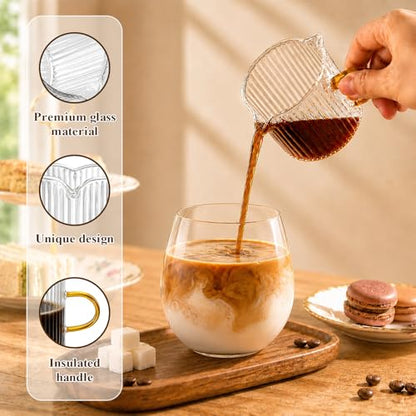 4OZ Glass Espresso Shot Cups Set with Gold Handle, Coffee Bar Accessories | Set of 2, double spouts cup clear milk cup