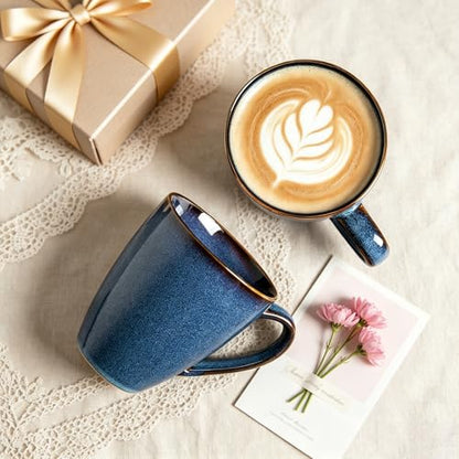 MONITO 17 OZ Coffee Mugs Set of 6, Large Ceramic Blue Coffee Mugs Set with handle for Tea/Latte/Milk/Cocoa, Funny Tea Cups for Office and Home, Engagement Gifts. (Starry Blue) | Mugs with Gold Rim for Latte,Tea&Cocoa,Dishwasher&Microwave Safe,Reactive Gla