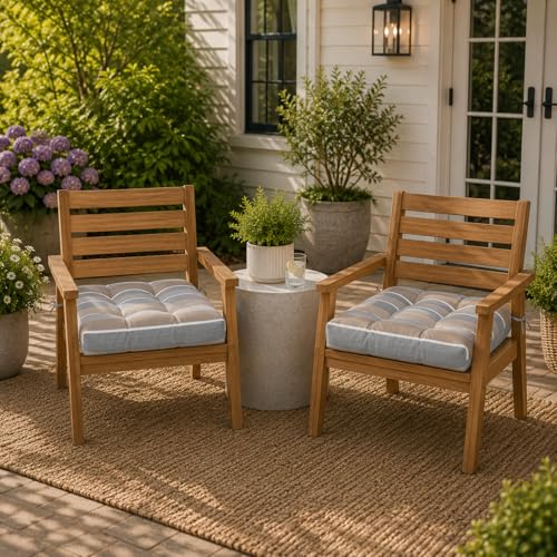 Magpie Fabrics Outdoor Tufted Seat Cushion 19"x19" Set of 2 (Grey Striped) | Waterproof Patio Chair Pads with ties Tatami Floor Pillow for Room Garden Balcony Office - color: Grey Striped