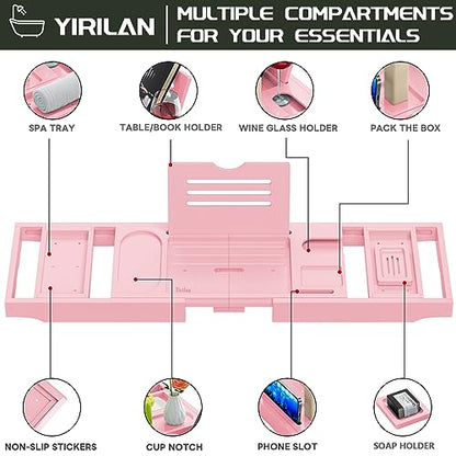 Premium Bathtub Tray Caddy, Expandable Bath Tray, Unique House Warming Gifts, New Home, Anniversary and Wedding Gifts for Couple, Pink - color: Pink