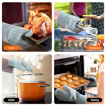 Silicone Oven Mitts, Heat Resistant 2PCS Oven Mitts with Soft Cotton Lining, Waterproof Non-Slip Grip Oven Glove, Kitchen Potholder Mits for BBQ, Baking, Cooking, 12.5 Inch - Grey - color: Gray