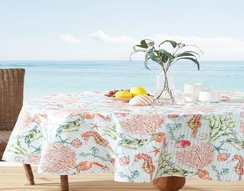 Newbridge Vinyl Oval Tablecloth with Flannel Backing, 60 x 84 Inch, Neponsit Sea Life, Waterproof, Soil Resistant Dining Room, Party and Banquet Table Cover, Starfish, Seahorses and Coral, Blue - size: 84" x 60" (Oval)
