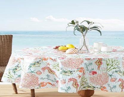 Newbridge Vinyl Oval Tablecloth with Flannel Backing, 60 x 84 Inch, Neponsit Sea Life, Waterproof, Soil Resistant Dining Room, Party and Banquet Table Cover, Starfish, Seahorses and Coral, Blue - size: 84" x 60" (Oval)