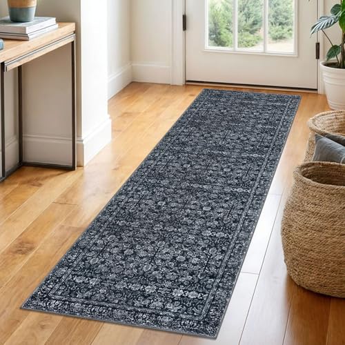 SIILOOM 2x6 Washable Runner Rug, Non Slip Soft Area Rug for Hallway Kitchen | Black Boho Vintage Spill & Stain Resistant Low Pile Carpet for Entryway Office Laundry, Easy Clean - color: Black, size: 2' x 6' (Runner)
