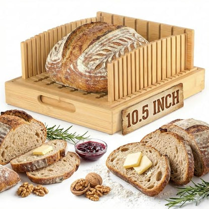 10.5" Extra Wide Bamboo Bread Slicer Guide with Crumb Catcher Board - Premium Wood Cutter & Serving Tray for Homemade Artisan Loaves, Kitchen Gadget Gifts for Bakers