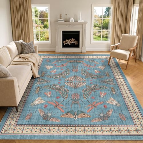 Arenarug Area Rug 8x10 Non Slip Washable Rug Insect Boho Soft Distressed Vintage Lightweight Low Pile Carpet for Living Room, Bedroom, Dining Room, Kitchen, Office, Light Blue - color: Light Blue, size: 8'x10'