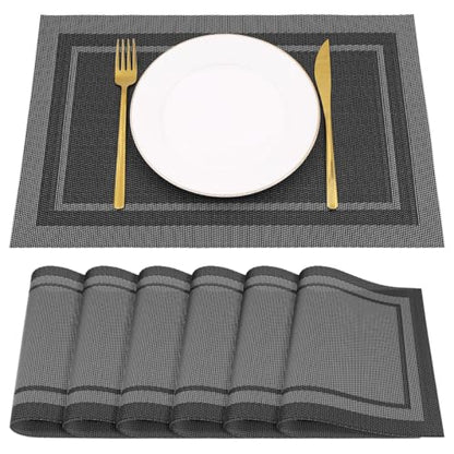 Placemats Set of 6, Heat Resistant Place Mats, Washable PVC Table Mats, Woven Vinyl Placemats, Non-Slip Stain Resistan Plastic Placemats for Table (Black White, 6) - color: Black White