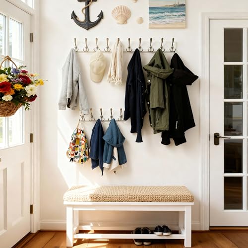SKOLOO Creations White Solid Wood Wall Mounted Coat Rack, 5 Hooks, 16-7/8" Long - Kitchen, Mudroom, Entryway, Bathroom - Includes Mounting Hardware, Wall Coat Hanger, Towel Rack - color: Matte White Plates & Nickel Hook, size: 1 Item-5 Hooks
