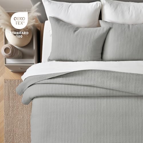 100% Cotton Modern Grid Stitch Quilt Set Queen Size, Drizzle Gray | Pre-Washed Cotton Coverlet Bedspread, Oversized Lightweight 3-Piece Bedding Set for All Season, with 2 Pillow Shams - color: Drizzle Gray, size: Full/Queen (96" X 94")