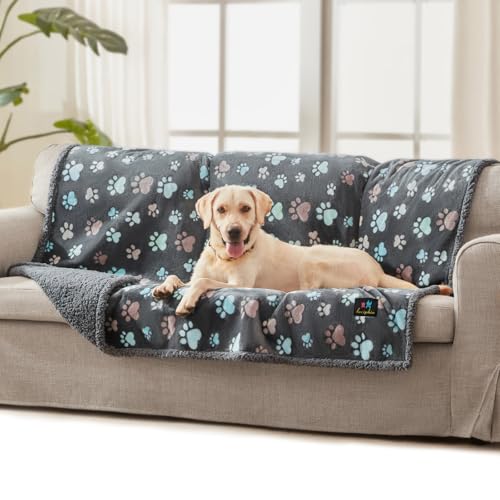 Luciphia Waterproof Dog Blanket Reversible Sherpa Fleece for Large Dogs Cat | Soft Print Pet Blanket Washable Pee Proof, Furniture Protector for Couch Sofa Bed Car, Cozy Throw(65" x 57", Grey Paw) - color: Grey Paw, size: L (65" x57")