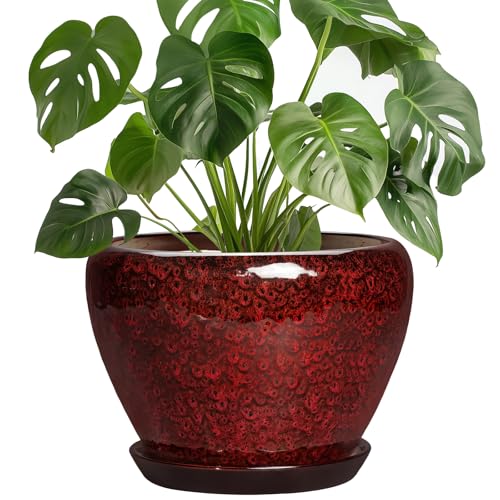 8 Inch Planter - Ceramic Plant Pots with Drainage Hole and Saucer, Decorative Plant Pots for Indoor Plants Outdoor, Round Planter, Modern Office Decor, Gifts for Gardeners, Red Leopard - color: Red Leopard, size: 8 Inch