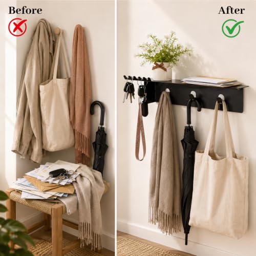 Wall Mounted Coat and Key Rack, Durable Entryway Hanger for Hats & Bags | Entryway Shelf with Hooks, Wall Organizer for Keys, Coats, Bags, Multi-Use Storage & Décor Shelf for Hallway, Bedroom, Office