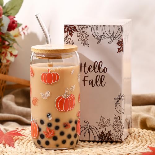 Fall Pumpkin Glass Cup Thanksgiving Halloween Autumn Gifts | Iced Coffee Glass Cups with Lid and Straw Mug Tumbler Presents for Women Teen Girls Harvest Festival Basket Stuff 16oz - style: Pumpkin