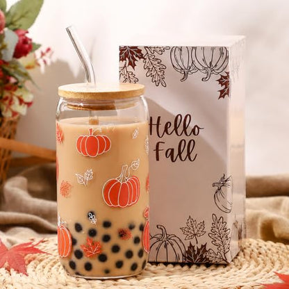 Fall Pumpkin Glass Cup Thanksgiving Halloween Autumn Gifts | Iced Coffee Glass Cups with Lid and Straw Mug Tumbler Presents for Women Teen Girls Harvest Festival Basket Stuff 16oz - style: Pumpkin