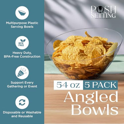 5 Pack White Angled Plastic Serving Bowl Disposable for Party Table 54oz | Angled Bowl Design. Chip, Candy, Salad & Fruit Use. Disposable Party Tableware. Buffet & Wedding Serving. White Plastic. - color: Clear, size: Large 54 OZ