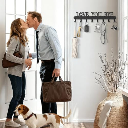 Key Holder for Wall - 'Love You Bye' Key Hooks, Black, 8 Hooks | Key Holder Wall Mount Self Adhesive, Key Rack Wall Mount for Wall No Drill for Living Room, Kitchen, Bathroom, Garage - color: Love You Bye' Black 1p