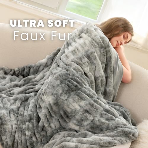 Ultra Soft Cozy Faux Fur Throw Blanket, Fuzzy Plush Thick Bubble Blanket, Luxury Fluffy Blanket for Couch, Sofa, Bedroom, and Living Room, 50x60 Inches,Tie-Dye Gray - color: Z-tie-dye Gray, size: Throw