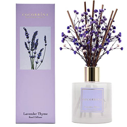 Premium Reed Diffuser Set with Preserved Baby's Breath & Cotton Stick Lavender Thyme | 6.76 Fl.oz Scent Diffuser for Bedroom Bathroom Home Décor - size: 6.7 Ounce/1pack