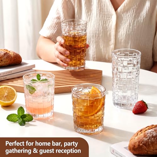 QAPPDA Embossed Drinking Glasses 12 Pack, 11oz & 8oz Old Fashioned Glass | Vintage Kitchen Bar Tumbler Glassware Set for Whiskey, Beer, Juice, Milk and Various Mixed Drinks