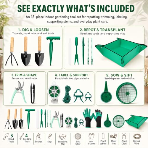 18-Piece Gardening Tool Set for Plants with Repotting Mat | Small-pot care for succulents, bonsai, herbs and seedlings; scoop, trim, label and support new growth