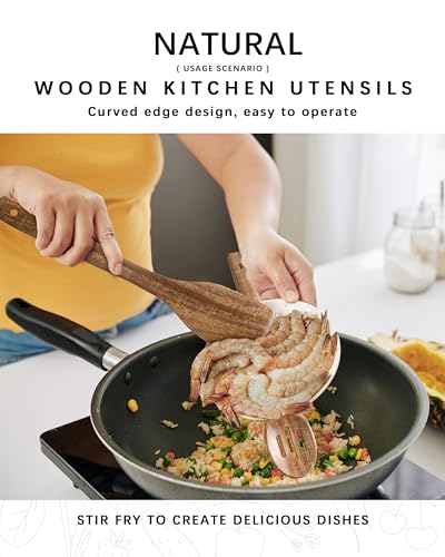 Wooden Spoons for Cooking, 3-Piece Acacia Wood Cooking Utensil Set | Slotted spoon, solid spoon and spatula handle stirring, draining, flipping and serving while staying gentle on nonstick pans. - color: Acacia Brown