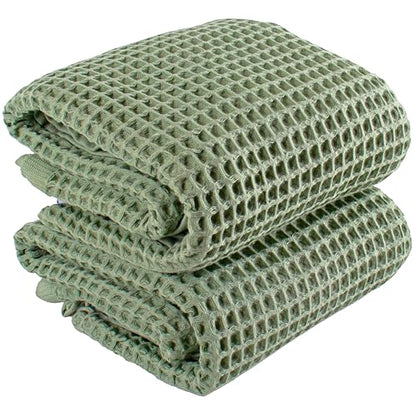 PÜSKÜL 2-Piece Natural 100% Turkish Cotton Waffle Bath Towels Extra-Large | Sage Green 32x63" Bath Sheet Towel, Light Soft Absorbent Quick-Dry Lint-Free Premium Honeycomb Weave Oeko-Tex Made in Turkiye - color: Sage Green