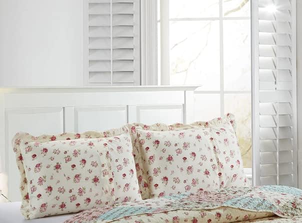 Brilliant Sunshine Pink & Green Roses Pillowshams Set, 20"x26"+2" | Patchwork Design, Quilted Standard Pillowcases, Washable Scallop Edge Pillow Covers, Pack of 2 - color: Pink Green, size: 20 x 26 inches