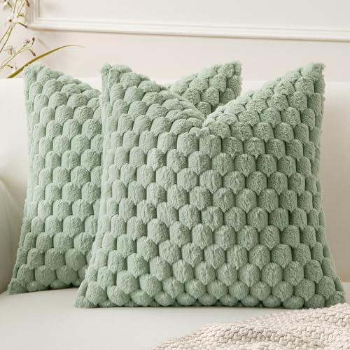 MIULEE Spring Sage Green Faux Fur Decorative Throw Pillow Covers 18x18 Inch Set of 2 Super Soft Cozy Plush Cushion Cases Luxury Fluffy Pillowcases for Sofa Couch Bed Living Room - color: Sage Green, size: 18" x 18" (Pack of 2)