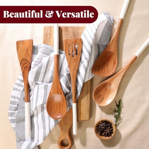 Folkulture Premium Wooden Spoons for Cooking,Kitchen Utensils Set of 5(12") | Smooth Finish, Soft, Comfort, Durable, Non Toxic, Non Stick, Acacia Wooden Spoons, Cooking Gifts for Women,Kitchen Essentials - color: White
