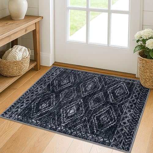 KILOCOCO Entryway Rug 2x3 Washable Rug Door Mat Indoor, Blue-Black | Non Slip Throw Rugs whith Rubber Back, Printed Geometric Kitchen Rug, Soft Small Rug for Bedside Entrance, Thin Accent Rugs - color: Black/Navy/White, size: 2' x 3' (Rectangular)