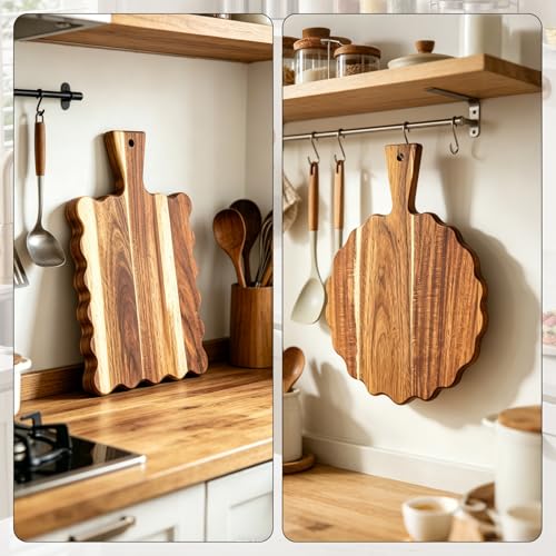 2Pcs Acacia Wood Scalloped Cutting Board with Handle Wooden Chopping Board Decorative Cutting Boards for Kitchen Decor Charcuterie Boards Serving Tray for Cheese Bread Pizza Fruit Meat