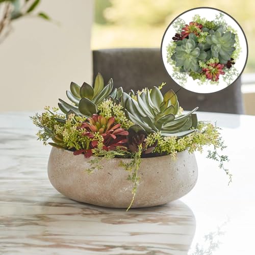 Round Faux Succulent Arrangement, 14" Premium Artificial Indoor Plant Enhances Interior Design, Display on Any Surface in Your Home Adding an Inviting Touch of Nature, Natural Planter Pot Included - size: 14" Round Natural
