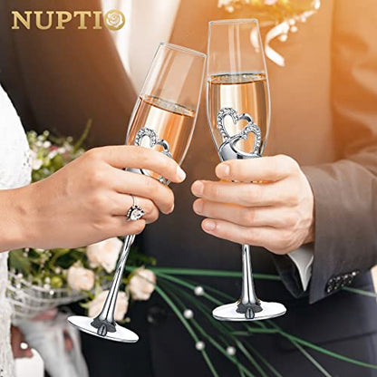NUPTIO Gold Crystal Champagne Flutes, Wedding Gifts for Couple, Set of 2 | 6.76oz Rhinestone Rimmed Heart Toasting Glasses, Wine Cups for Anniversary, Engagement, Valentine's Day, Bridal Shower - color: Silver